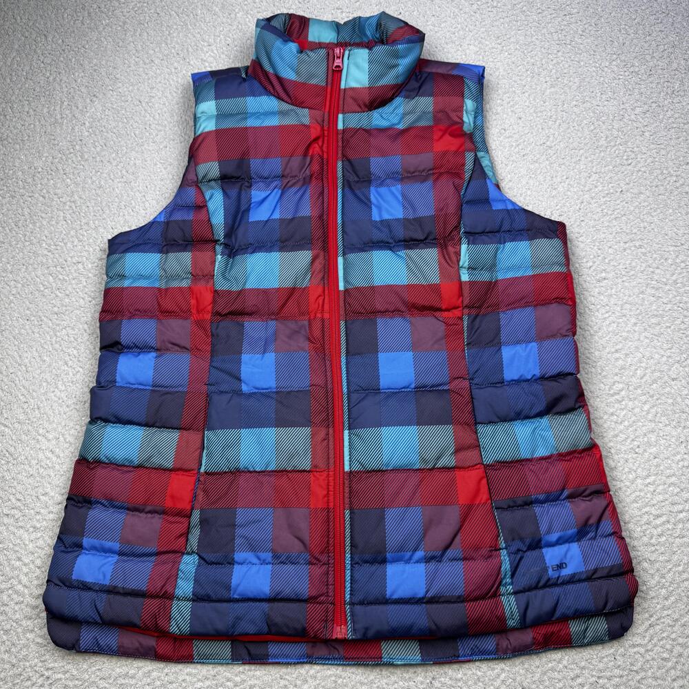 Lands End Vest Womens Medium Plaid Red Blue Down Puffer Winter Outdoors